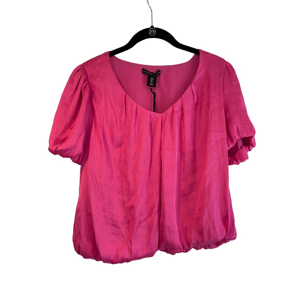 Sincerely Jules Pink Blouse Puff Sleeve Top Pleated Sweetheart Neck L